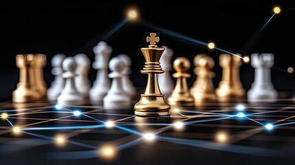 A golden chessboard features prominent pieces connected by glowing blue lines, emphasizing strategic concepts in a digital space