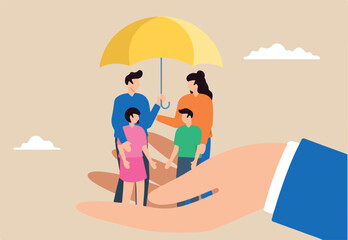 Happy family under umbrella of love with big supporting hand in flat design