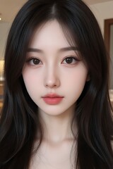 Portrait of a young woman with dark hair and subtle makeup looking forward
