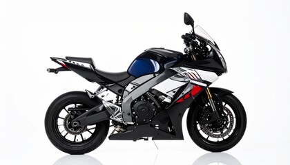 Modern blue, black, and white sport motorcycle isolated on white background