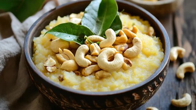 Creamy rice pudding topped with roasted cashews, perfect for dessert or snack