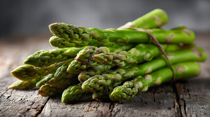 Fresh asparagus shoots displayed on a rustic wooden surface