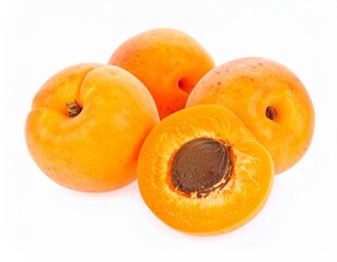 Fresh ripe orange apricots, with one cut in half showing the pit, isolated on white background