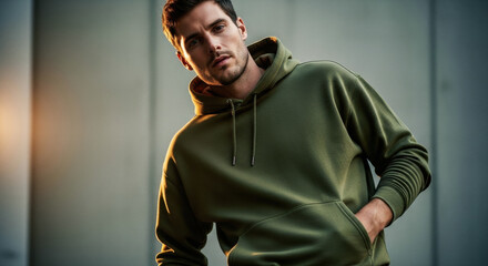 Young caucasian male in a green hoodie poses thoughtfully with a hand in his pocket against a neutral background.