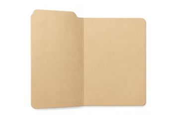 Open manila file folder showing empty pages for documents, paperwork, and organization, transparent background