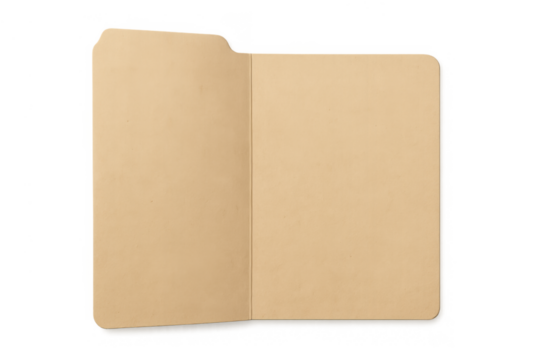 Open manila file folder showing empty pages for documents, paperwork, and organization, transparent background