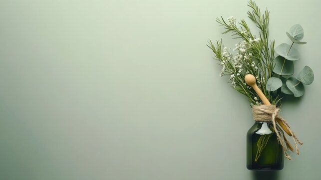 Showcasing glass bottles of face serum and body oil on a wooden pedestal surrounded by eucalyptus, perfect for product presentation