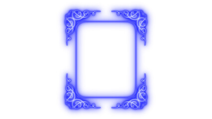 Glowing blue neon light frame with intricate decorative swirling corner ornaments, vibrant contemporary electric border design isolated on transparent background