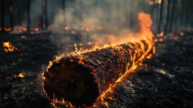 A massive log fire engulfed in flames burning in a dense forest