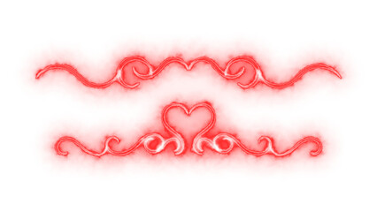 Red abstract frame with glowing white ornate swirls and heart shape, dynamic vibrant design element with soft edges, isolated on transparent background