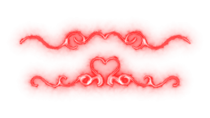 Red abstract frame with glowing white ornate swirls and heart shape, dynamic vibrant design element with soft edges, isolated on transparent background