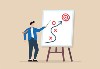 Flat illustration of smart businessman presenting business strategy on whiteboard marketing tactics project planning achieve target success winning