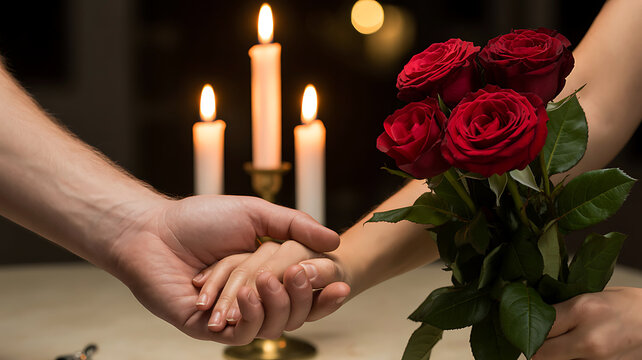 Romantic couple holding hands by candlelight with red roses celebration of love - Powered by Adobe