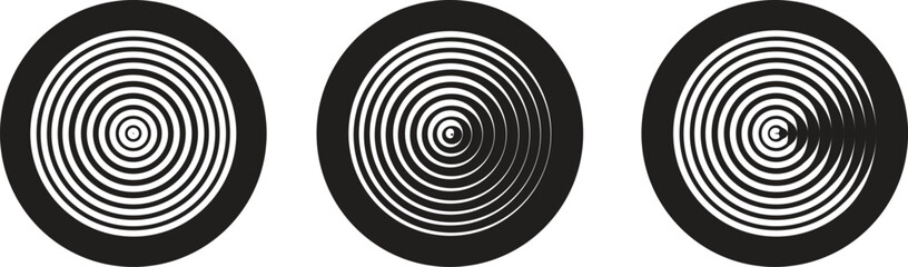 Black circular spiral abstract shape set, optical line art collection, geometric concentric circle group, hypnotic vortex round pattern, minimal flat vector design element bundle