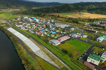 Aerial View of Otoineppu Village, Hokkaido – Rural Town and River Landscape