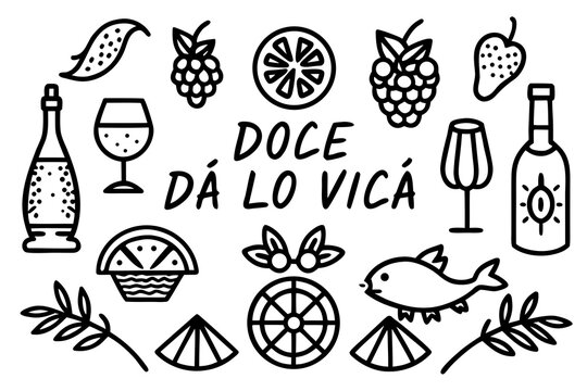 Whimsical line art of food and drink with portuguese text