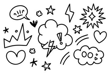Whimsical hand drawn doodle elements with stars and clouds