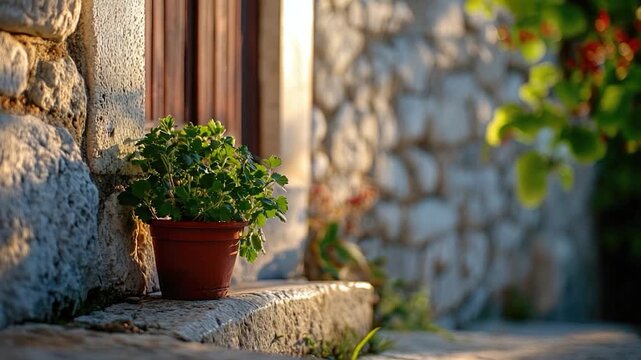 A small potted plant sits on a ledge next to a stone wall, perfect for decorating indoor or outdoor spaces