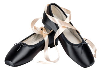 Elegant black ballet slippers with satin ribbons tied in a bow isolated on transparent background