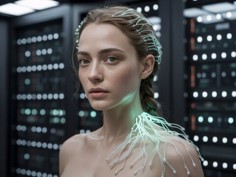 Futuristic woman with glowing neural connections in a data center environment
