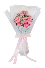 Pink Carnation and Gypsophila Flower Bouquet Wrapped in White Paper with Pink Ribbon, Isolated on Transparent Background
