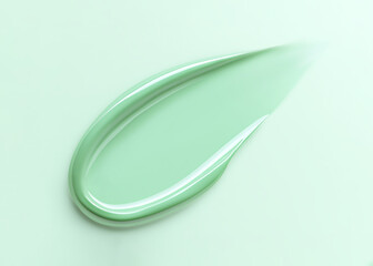 Green lip gloss swatch on pastel background. Close-up of liquid lipstick, glossy texture, horizontal flatlay. Professional studio light