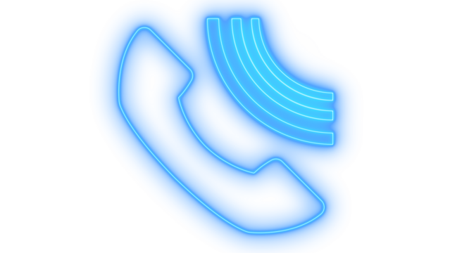 A vibrant blue neon line art phone call communication icon with radiating signal waves, representing connectivity and support, digitally rendered and isolated on transparent background.