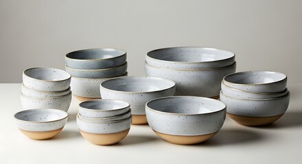 A collection of ceramic bowls in various sizes with speckled glaze and unglazed bases.