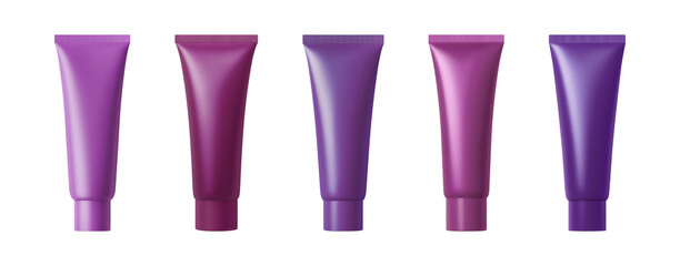 Violet cosmetics tube, set of plastic packaging. Catalog mockup of cream, mask or toothpaste. Collection of empty templates for design. Isolated element with clear even edge on transparent background