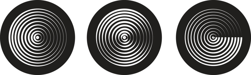 Black circular spiral abstract shape set, optical line art collection, geometric concentric circle group, hypnotic vortex round pattern, minimal flat vector design element bundle