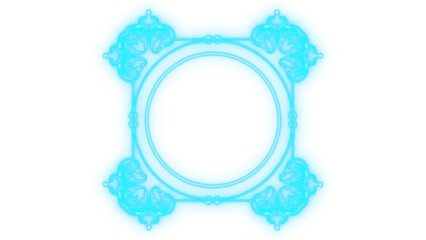 Vibrant glowing cyan abstract symmetrical frame featuring ornate baroque swirl patterns and a prominent central void, futuristic graphic isolated on transparent background