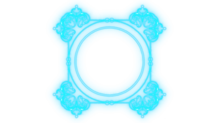 Vibrant glowing cyan abstract symmetrical frame featuring ornate baroque swirl patterns and a prominent central void, futuristic graphic isolated on transparent background