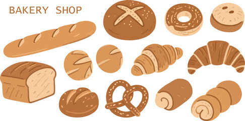 Bakery Shop Assortment Vector Set Hand Drawn Breads Pastries Bagel Croissant Pretzel Roll Loaf Pastry Products Food