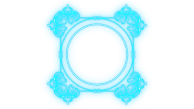 Vibrant glowing cyan abstract symmetrical frame featuring ornate baroque swirl patterns and a prominent central void, futuristic graphic isolated on transparent background