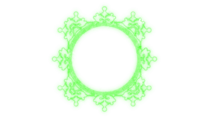 Decorative neon green ornate frame with a central circular opening, perfect for graphic design elements and abstract backgrounds, isolated on transparent background