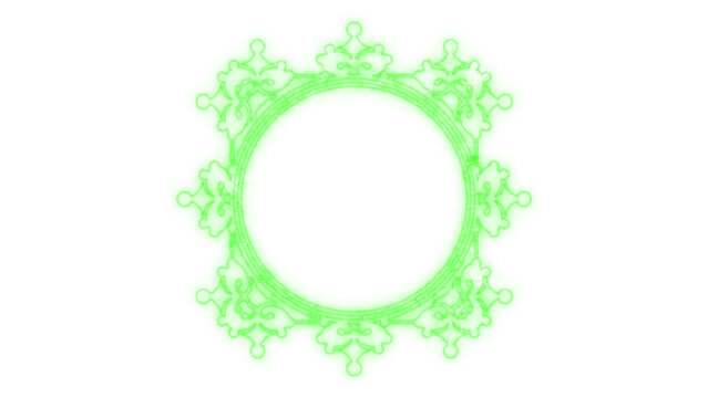 Decorative neon green ornate frame with a central circular opening, perfect for graphic design elements and abstract backgrounds, isolated on transparent background - Powered by Adobe