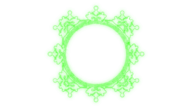 Decorative neon green ornate frame with a central circular opening, perfect for graphic design elements and abstract backgrounds, isolated on transparent background - Powered by Adobe
