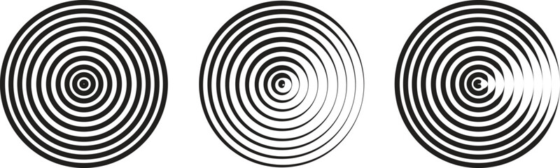 Fototapeta premium Black circular spiral abstract shape set, optical line art collection, geometric concentric circle group, hypnotic vortex round pattern, minimal vector design element bundle