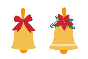 Set of Christmas Bells flat vector illustration.
Christmas bells tied with bow clipart cartoon.
White background.