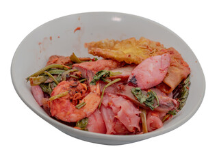 Thai yen ta fo seafood noodles with squid, shrimp, fish balls, and crispy wonton in pink soup.