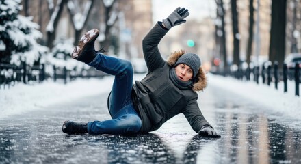A young Asian man falls on an icy sidewalk in a snowy urban environment. He wears a gray coat and blue jeans, with a surprised expression.