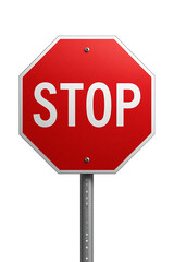 A 3D rendering of a red stop sign with white border and bold STOP letters, mounted on a gray pole, isolated on a white background with soft shadows.