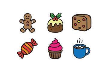 Creative Colorful Gingerbread Cookie Christmas Pudding Fruitcake Candy Cupcake Hot Chocolate Line Art Vector Icon Illustration on White Background.