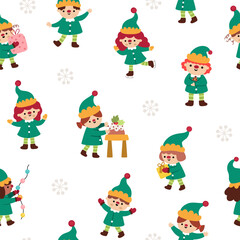 Vector Christmas seamless pattern. New Year repeat background with elves in green clothes. Cute festive digital paper for kids. Winter holiday texture with traditional characters
