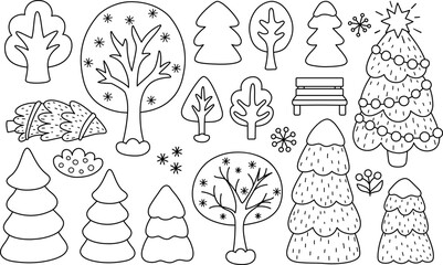 Vector black and white winter trees clipart set. Cute line Christmas tree collection. New Year snow covered plant and nature icons for kid.  Holiday park illustration, coloring page with spruces