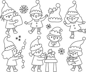 Vector black and white Christmas elf clipart set. New Year elves line icons collection with cute fantasy creatures. Festive winter holiday dwarf illustrations, coloring page for kids