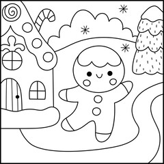 Vector black and white square Christmas village landscape. New Year line scene with gingerbread man and house, fir tree, snowflakes. Winter holiday background, coloring page for kids