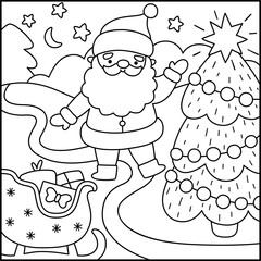 Vector black and white square Christmas village landscape. New Year line night scene with Santa Claus, fir tree, sledge with presents. Winter holiday background, coloring page for kids