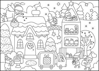 Vector black and white Santa Claus toy factory landscape. New Year or Christmas village line scene with Santa house, gift plant, elves loading truck. Winter holiday coloring page for kid