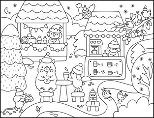 Vector black and white Christmas fair landscape. Holiday market line scene with animals, birds drinking coffee on winter night. New year village background, coloring page for kids